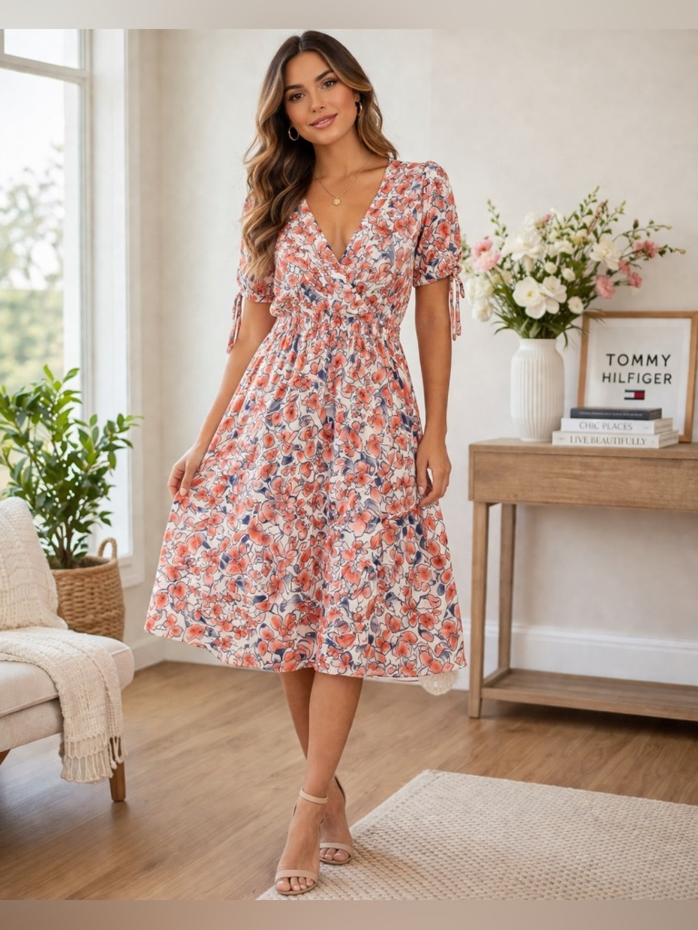 Tommy Hilfiger Floral Dress V-Neck Fit & Flare Pink Blue Size 2